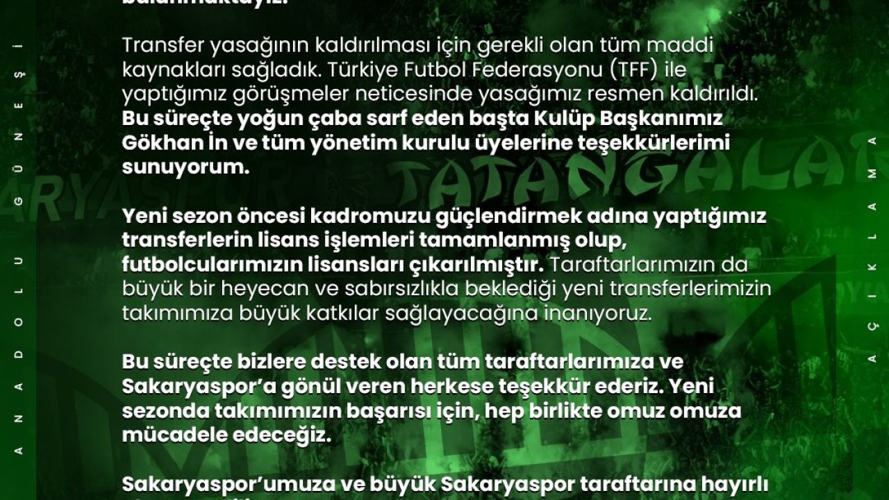 Sakaryaspor’un transfer yasağı resmen kalktı