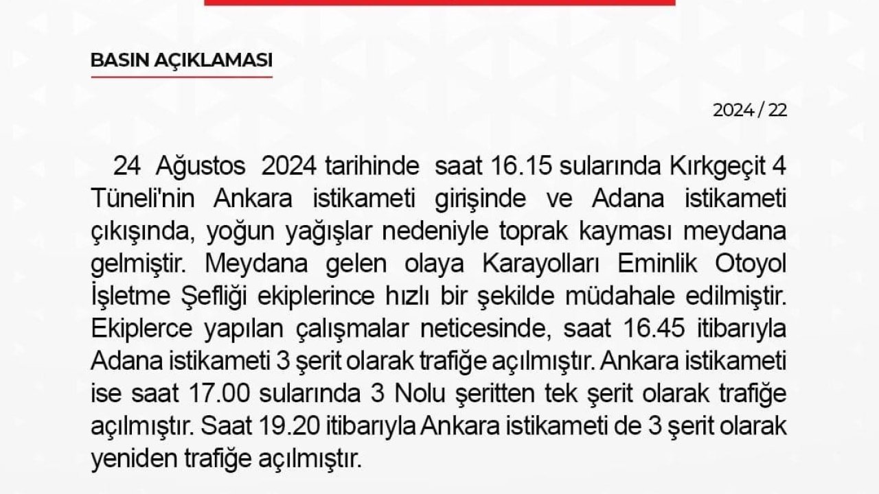 Niğde’de Kırkgeçit 4 Tüneli’nde toprak kayması nedeniyle ulaşım kısa süreli aksadı