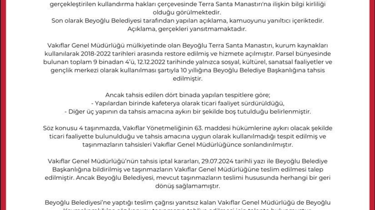 Vakıflardan ‘Terra Santa Manastırı’na ilişkin açıklama