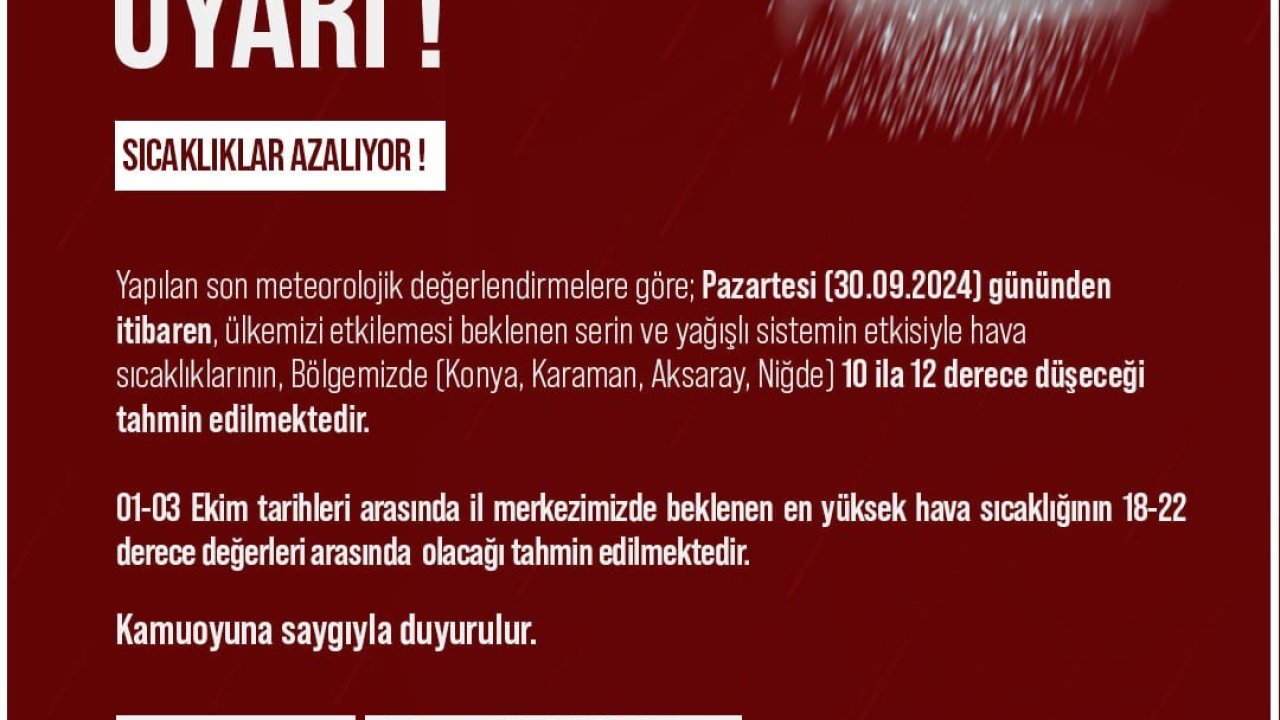 Niğde’de hava sıcaklıkları azalacak