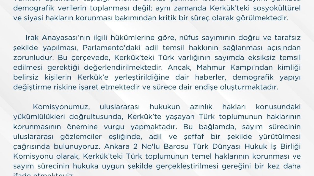 Ankara 2 No’lu Barosu’ndan Kerkük’te yapılacak nüfus sayımına ilişkin açıklama