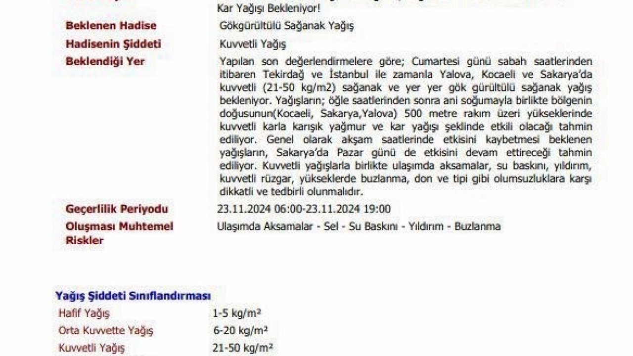 Sakarya Valiliği kar yağışına karşı uyardı