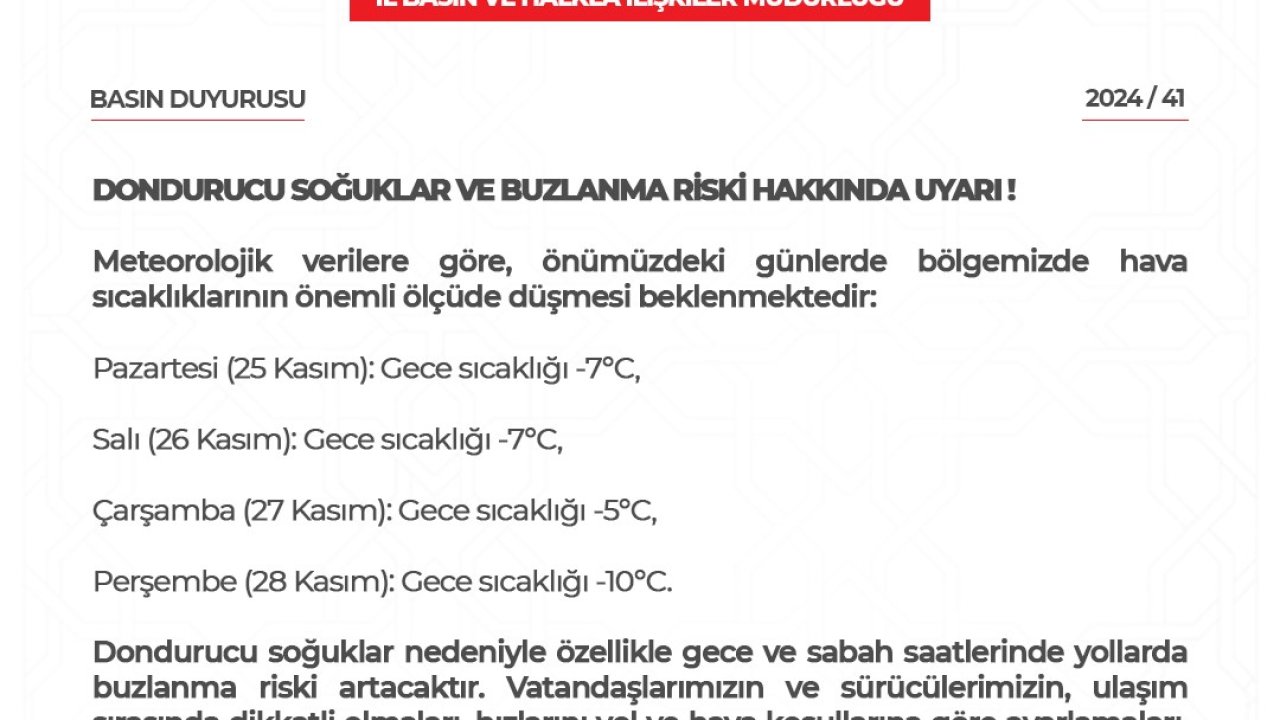 Niğde Valiliği’nden Buzlanma Uyarısı