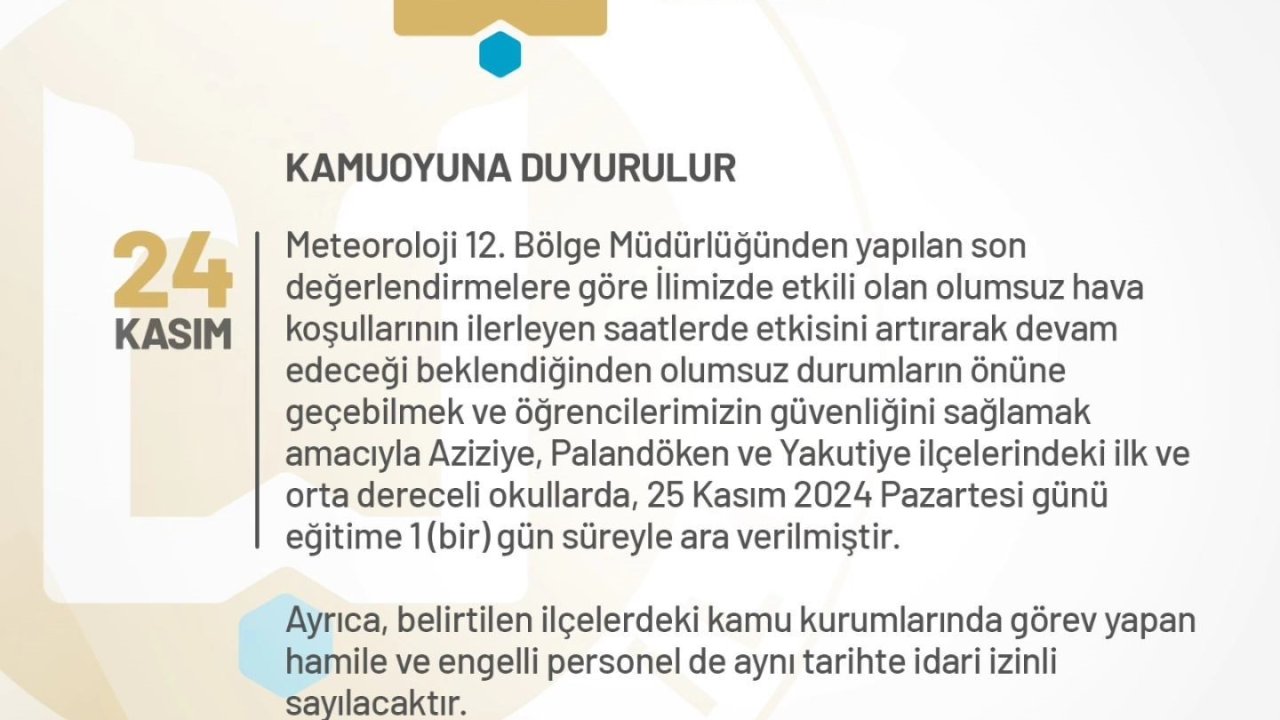 Erzurum’da eğitim bir günlük ara