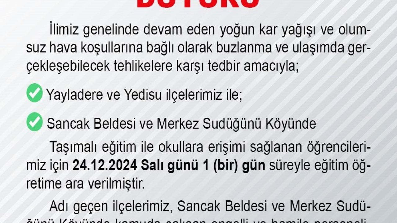 Bingöl’ün iki ilçesinde taşımalı eğitime 1 gün ara