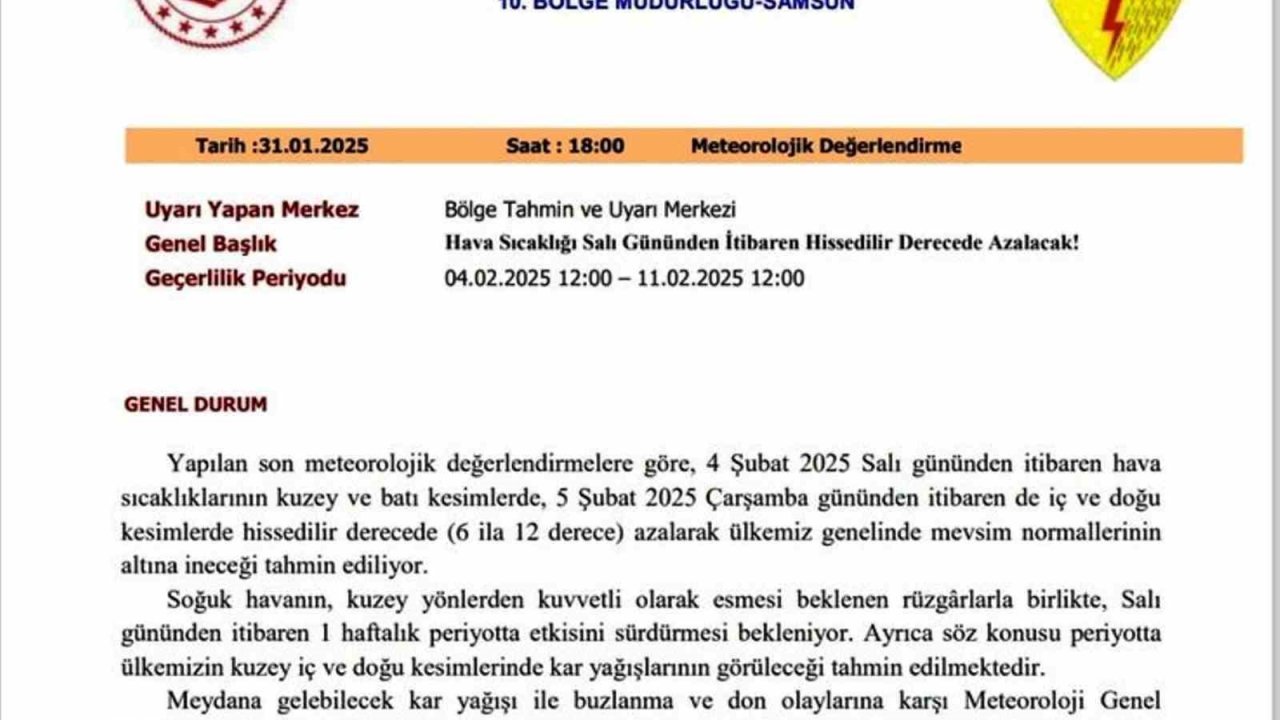 Samsun’da hava sıcaklığı 6-12 derece düşecek