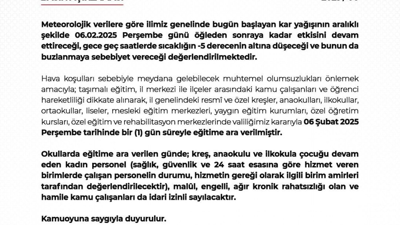 Niğde’de eğitime 1 gün ara verildi