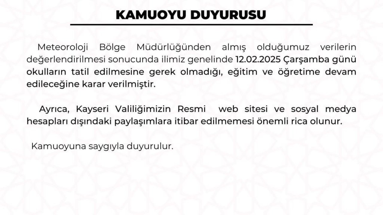 Kayseri’de eğitime kar tatili yok