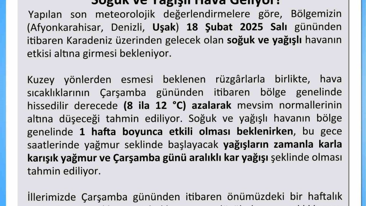 Uşak Valiliğinden soğuk ve yağışlı hava için uyardı