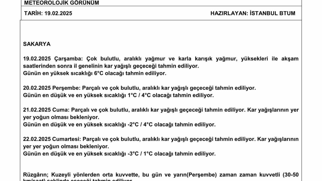 Sakarya’da soğuk ve yağışlı hava uyarısı