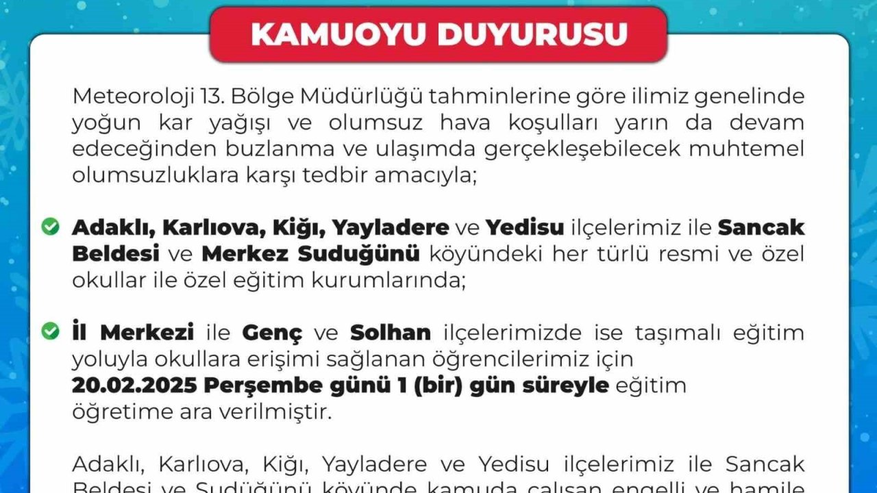 Bingöl’ün 5 ilçesinde okullara kar tatili