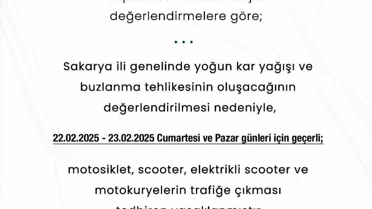 Sakarya’da motokuryelere trafiğe çıkma yasağı