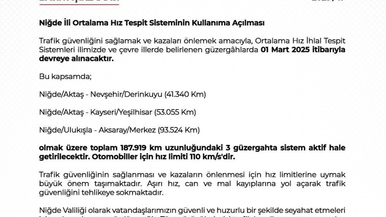 Niğde’de Ortalama Hız Tespit Sistemi devreye girdi