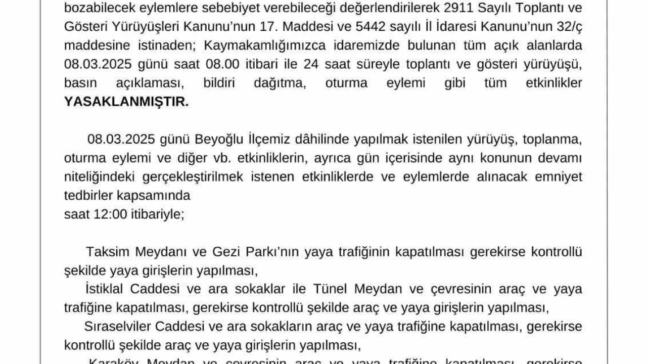 Beyoğlu Kaymakamlığı’ndan 8 Mart kararı: "24 saat süreyle gösteri yürüyüşü gibi tüm etkinlikler yasaklanmıştır"