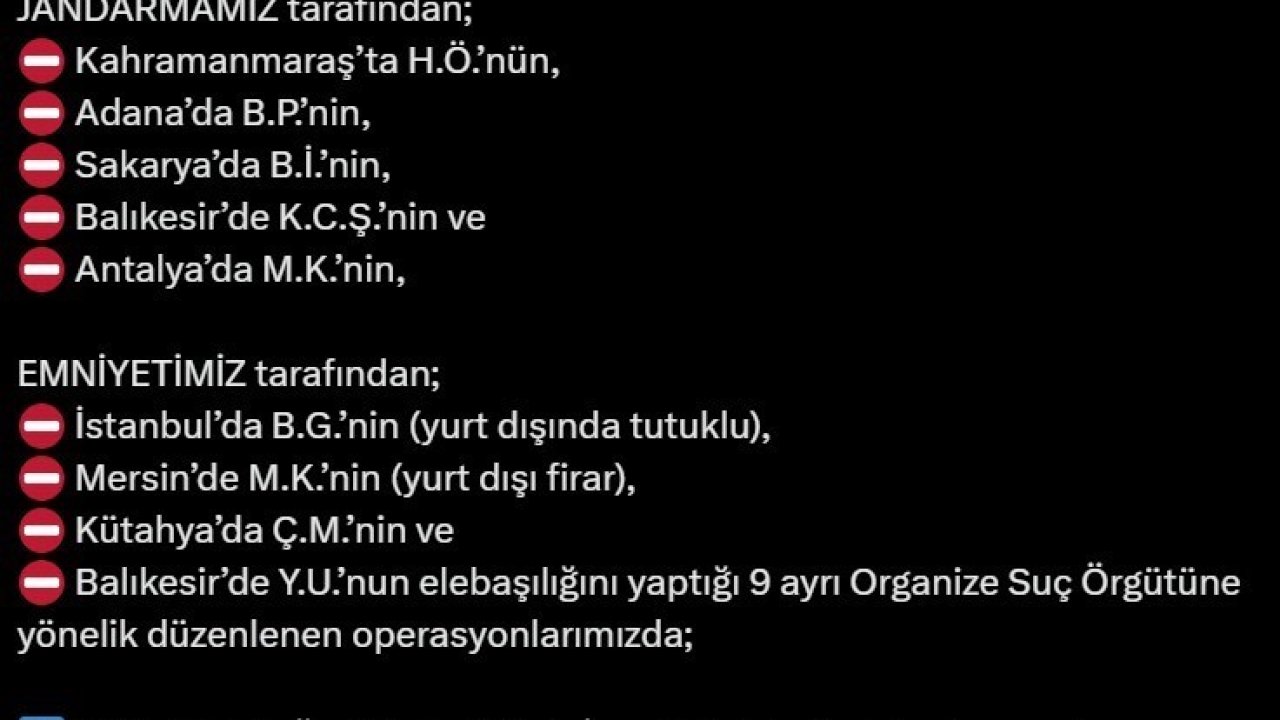 Bakan Yerlikaya: "9 ayrı organize suç örgütü çökertildi, 86 şüpheli tutuklandı"