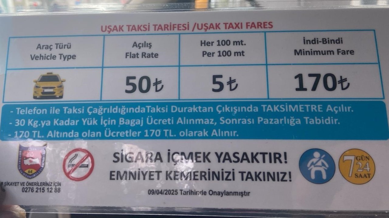 Uşak’ta taksi indi-bindi ücreti 170 TL oldu