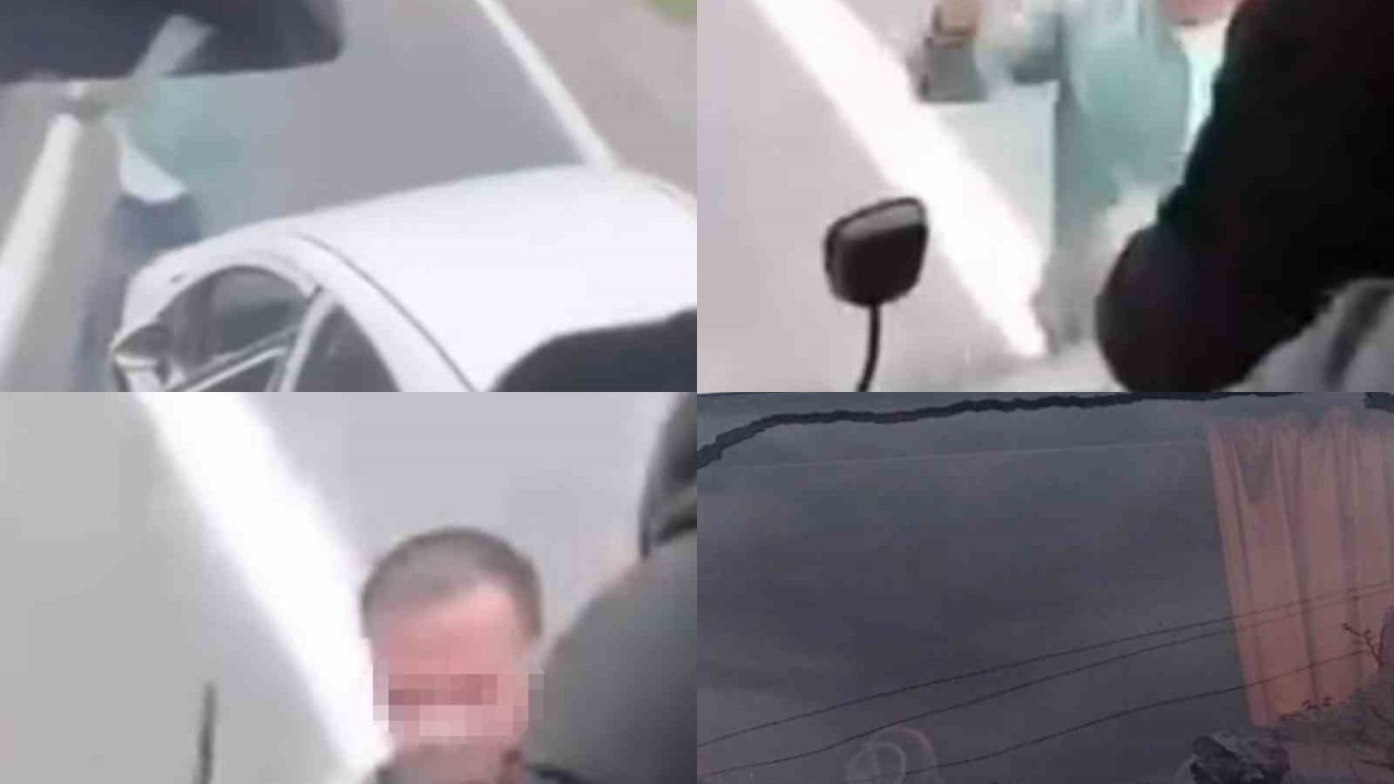 Trafikte yol kesme anları kamerada: Otobüse zarar verdiler