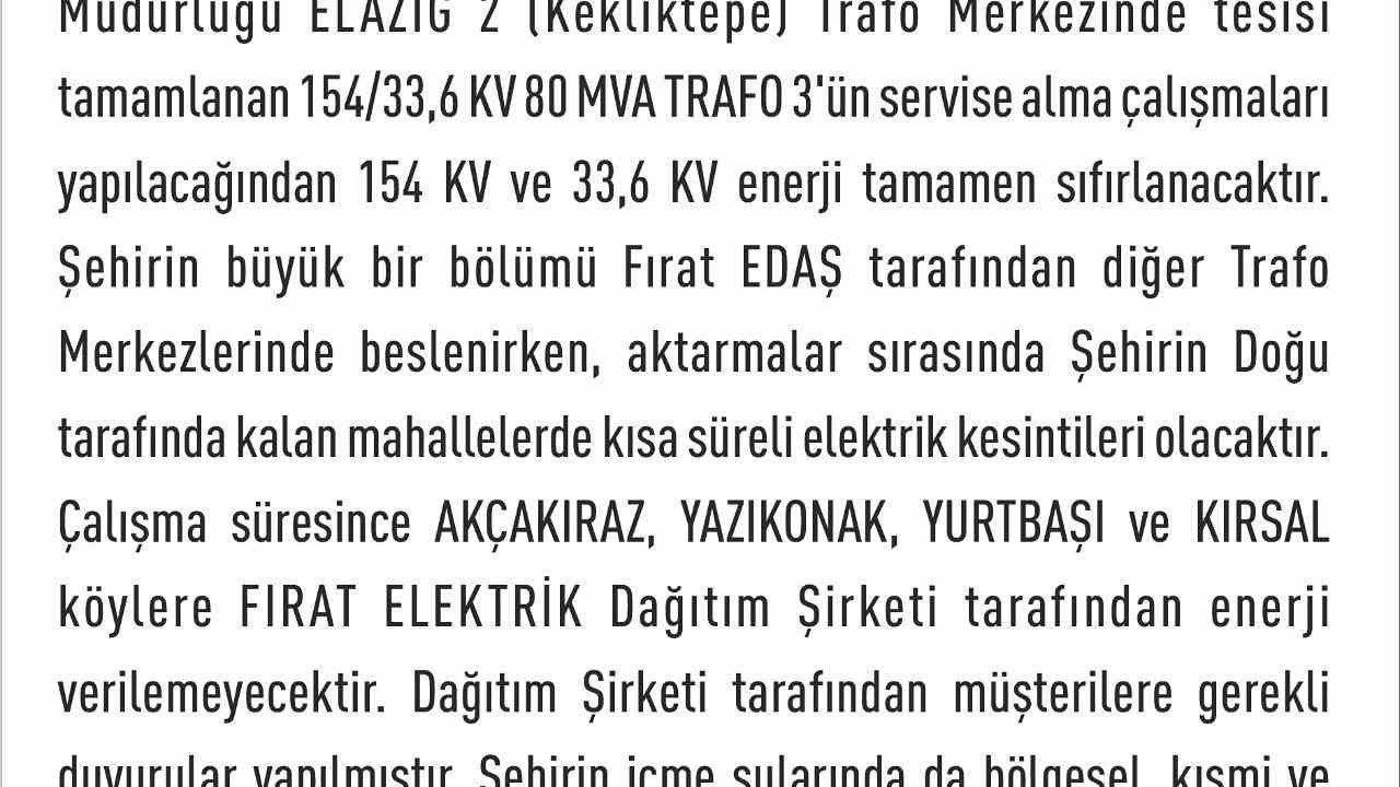Elazığ’da elektrik kesintisi yaşanacak