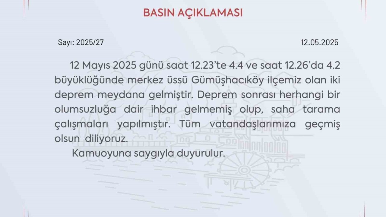 Amasya Valiliği: "Deprem sonrası herhangi bir olumsuzluğa dair ihbar gelmedi"