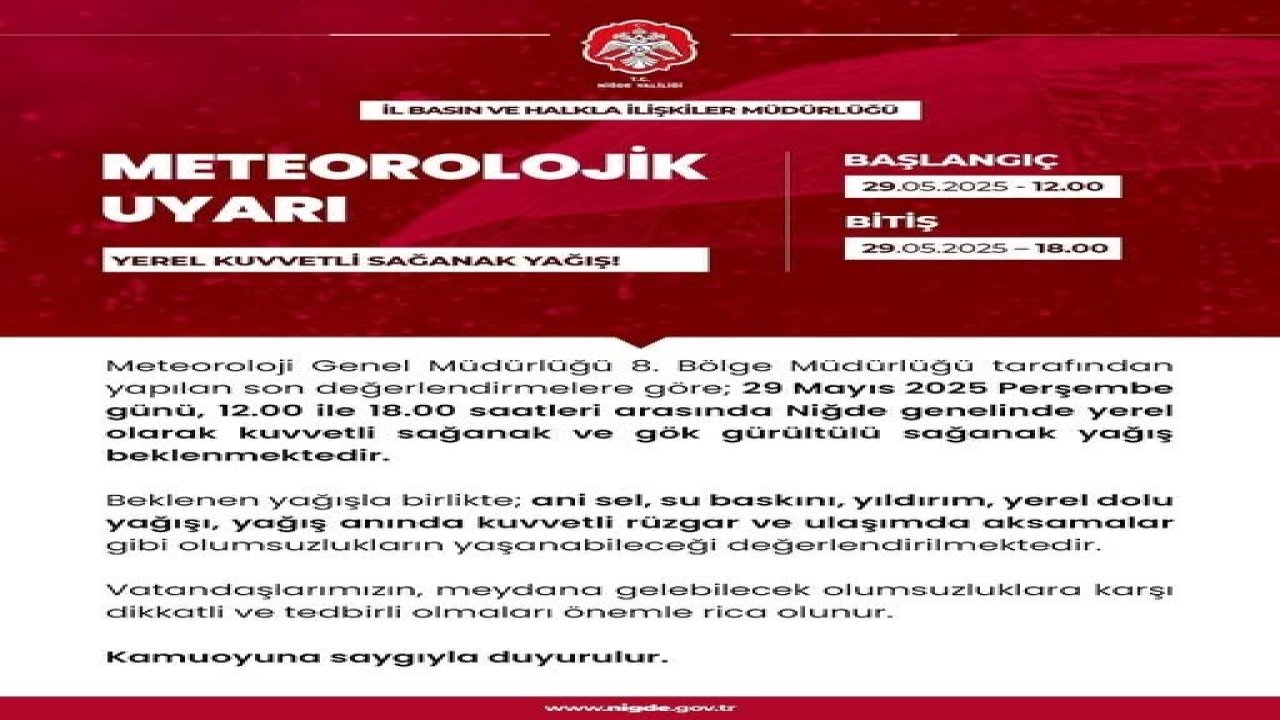 Niğde’de kuvvetli sağanak yağış uyarısı