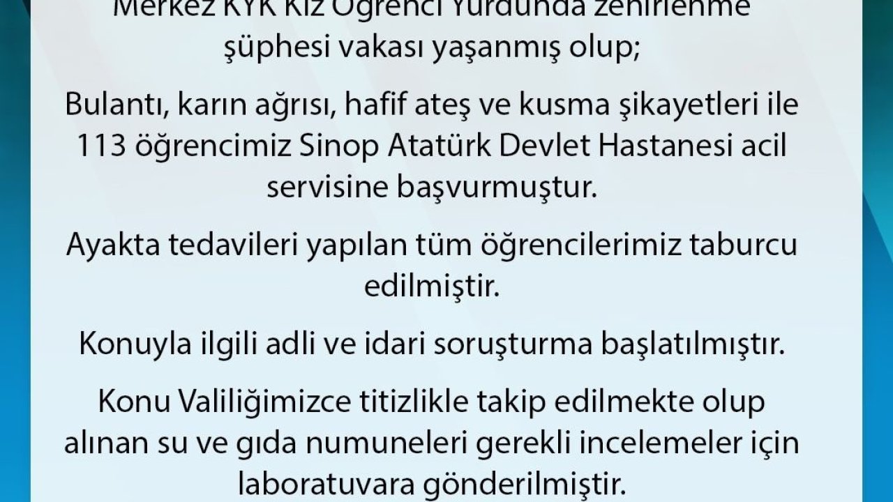 Sinop’ta 113 öğrenci zehirlenme şüphesiyle hastaneye başvurdu