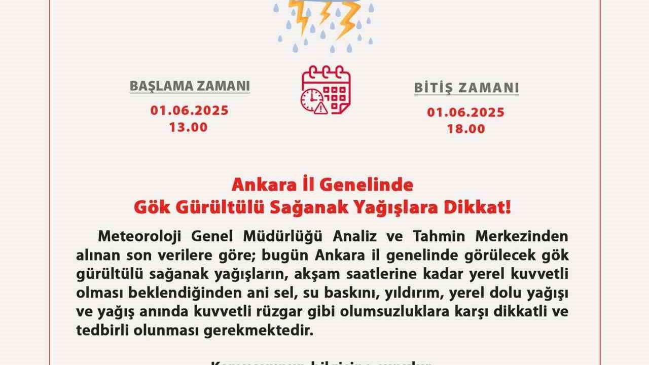 Ankara Valiliği’nden gök gürültülü sağanak yağış uyarısı