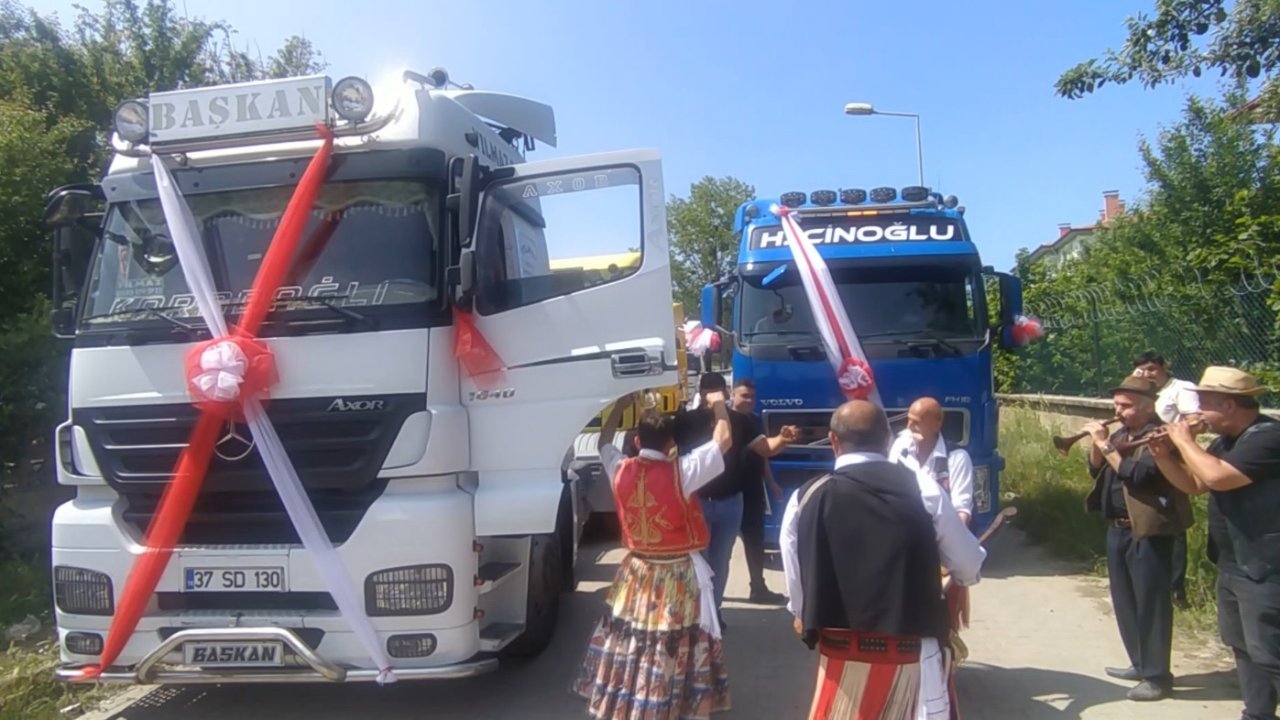 Dünyaevine giren tır şoförüne arkadaşlarından tırlı konvoy