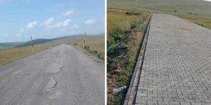 Köy yolu yenilendi. ''Aye aye Buğutepenin gırağına teyyare inejjey''