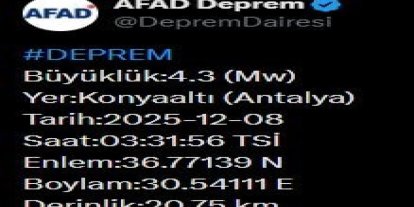 Antalya’da 4.3 büyüklüğünde deprem