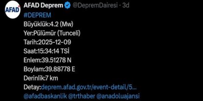 Tunceli’de 4.2 büyüklüğünde deprem