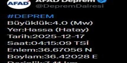 Hatay’da 4.0 büyüklüğünde deprem