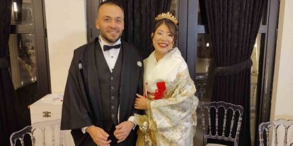 Japon gelin ve Türk damat konuklarını kimanoyla karşıladı