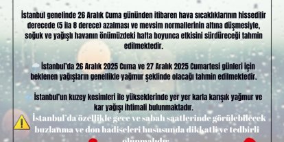 İstanbul Valiliği: "Cuma ve Cumartesi günü yüksek kesimlerde kar yağışı ihtimali bulunuyor"