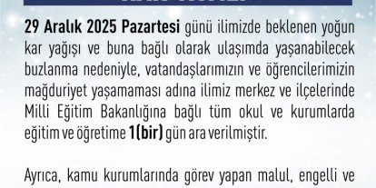 Elazığ’da eğitim-öğretime 1 gün ara verildi