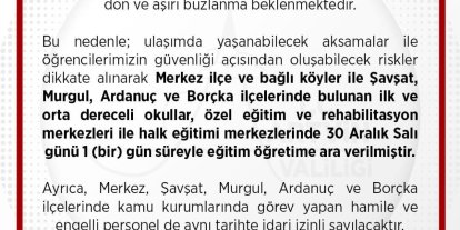 Artvin merkez ve 4 ilçede kar nedeniyle eğitime 1 gün ara verildi