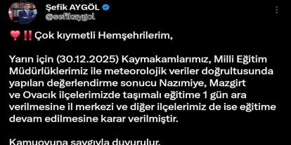 Tunceli’nin 3 ilçesinde taşımalı eğitime 1 gün ara verildi