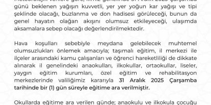 Kayseri’de eğitime 1 gün ara verildi