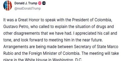 Trump, Kolombiya Devlet Başkanı Petro ile telefonda konuştuğunu duyurdu: "Beni aramasını ve üslubunu takdir ettim"