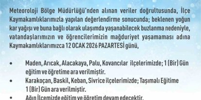 Elazığ’da 5 ilçede eğitim-öğretime ara verildi