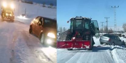 Kars'ta kara saplanan araçlar vatandaşlar tarafından kurtarıldı