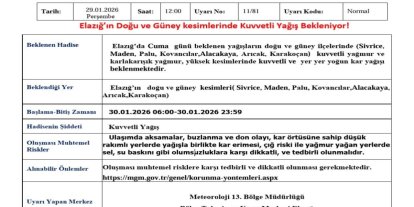 Elazığ için kuvvetli yağış uyarısı