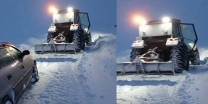 Kars’ta kara saplanan aracı vatandaş traktörüyle kurtardı