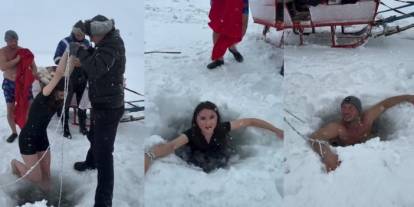 Çıldır Gölü’nde adrenalin, -20 derecede buzu kırıp suya girdiler