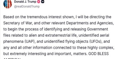 ABD Başkanı Trump’tan UFO hamlesi: "İlgili belgelerin erişime açılma sürecini başlatma talimatı vereceğim"