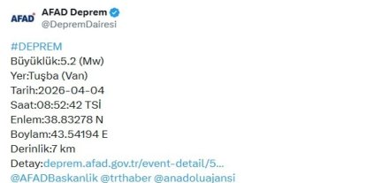 Van’da 5.2 büyüklüğünde deprem