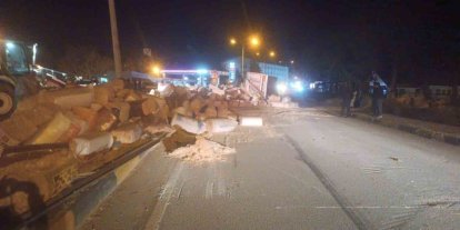 Virajı alamayan tır devrildi saman balyaları yola saçıldı: 1 yaralı