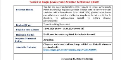 Meteorolojiden  Bingöl ve Tunceli için zirai don uyarısı