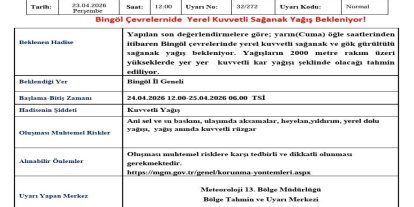 Bingöl için kuvvetli sağanak yağış uyarısı