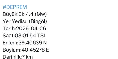 Bingöl’de 4.4 büyüklüğünde deprem