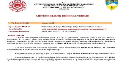 Elazığ için kuvvetli yağış uyarısı